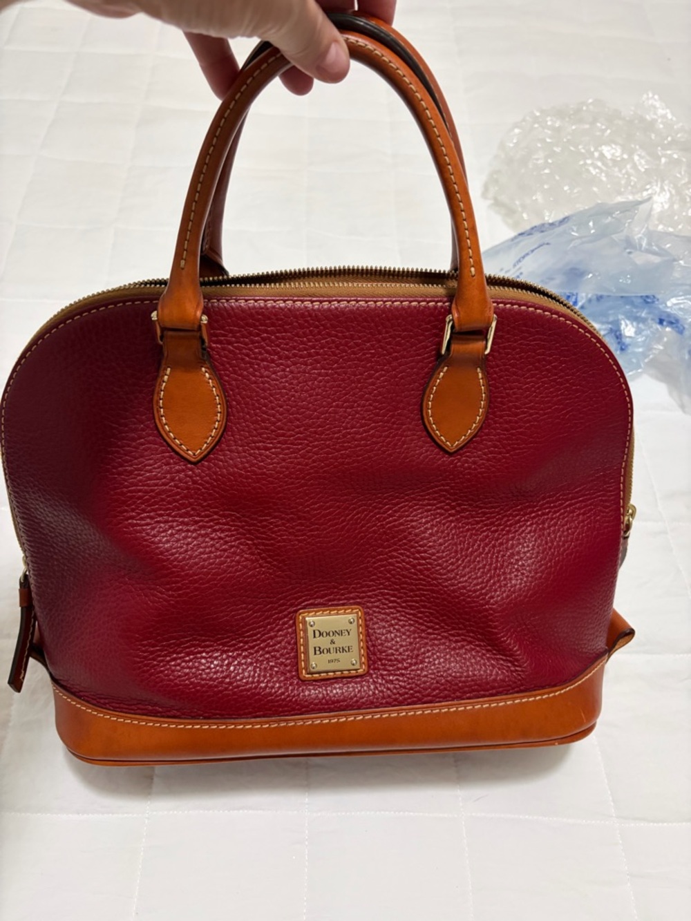 Dooney & Bourke Red Pebbled Leather Satchel with Tan Trim